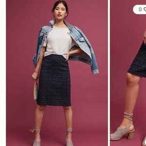 Maeve Anthropologie Navy Blue Tweed Grid Pencil Skirt Back Zip‎ Small